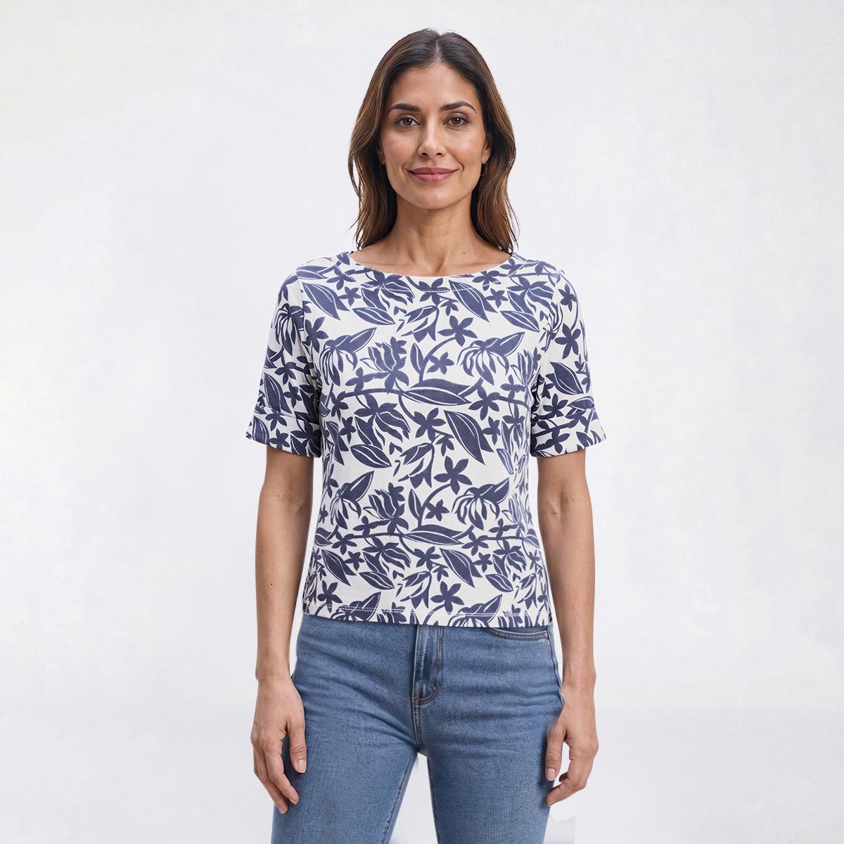 Petite Hasting & Smith Cuffed Elbow Sleeve Leaf Tropical Tee