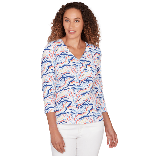 Womens Hearts of Palm Smooth Sailing 3/4 Sleeve Abstract Blouse