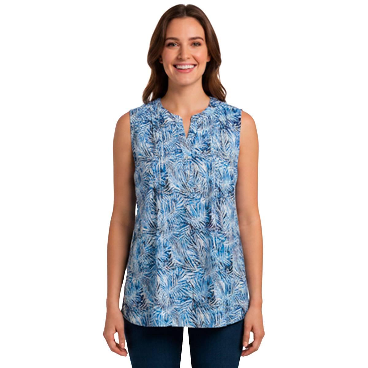 Womens Notations Sleeveless Tropical Leaf Pleat Blouse