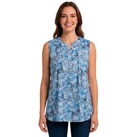 Womens Notations Sleeveless Tropical Leaf Pleat Blouse