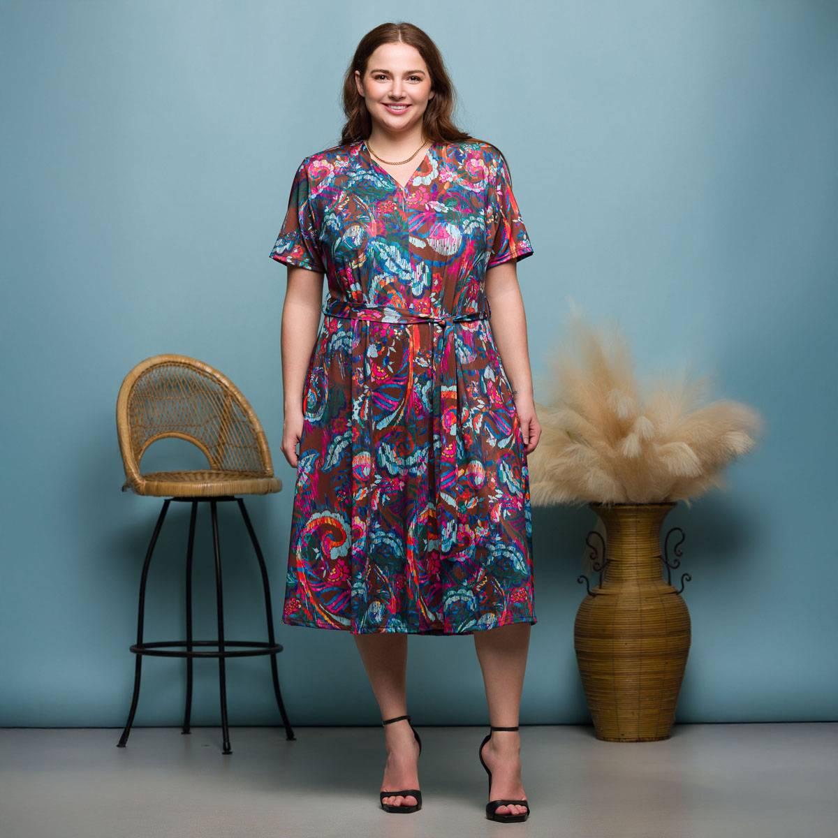 Plus Size 24/7 Comfort Apparel Brown & Pink Tie Waist Midi Dress