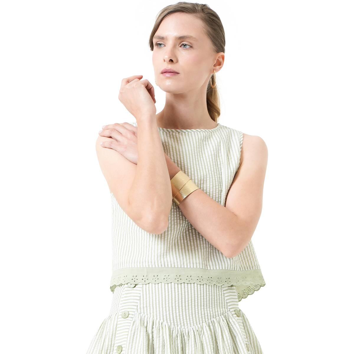 Womens MNK Seersucker Stripe Embroidered Hem Blouse