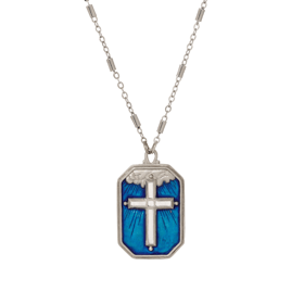 Symbols of Faith Silver Tone Blue Enamel Silver Cross Necklace
