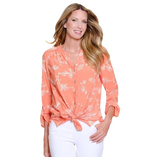 Petite Multiples Roll Tab Sleeve Floral Vine Embroidery Blouse