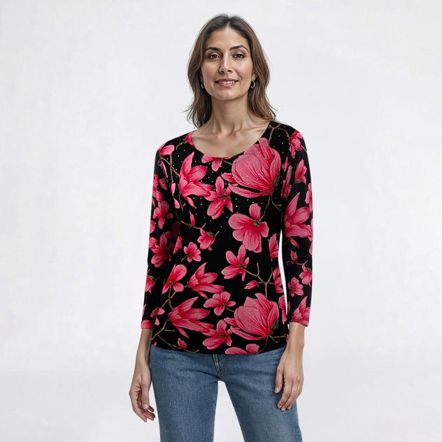 Petite Emily Daniels 3/4 Sleeve Floral Rhinestone Yoke Sweater