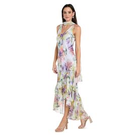Petite R&M Richards Sleeveless Drape Neck Print Midi with Scarf