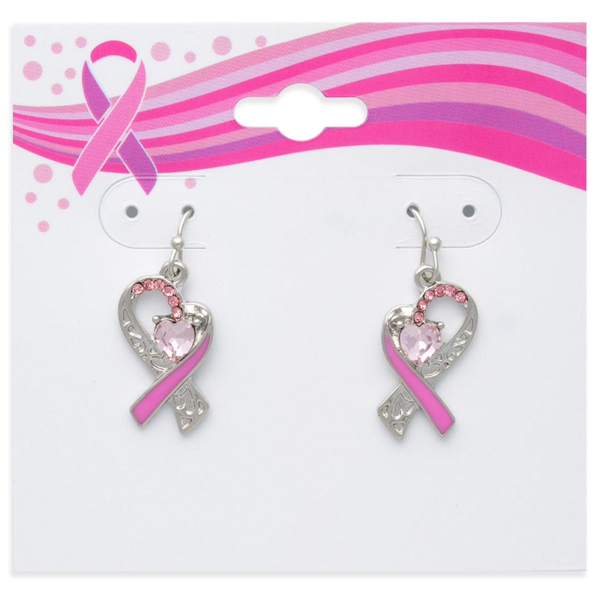 Breast Cancer Awareness Ribbon Heart Scroll Filigree Earrings