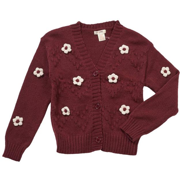 Girls (7-16) Sweet Stories Knit 3D Daisy Button Up Cardigan