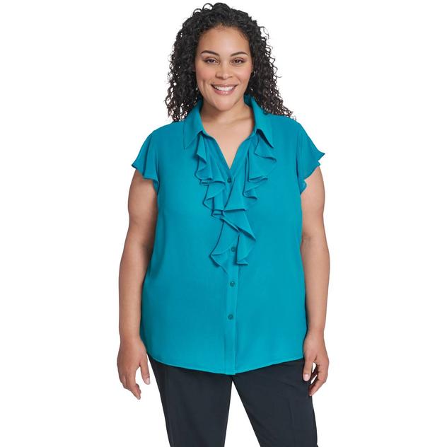 Plus Size Calvin Klein Short Flutter Sleeve Ruffle Front Blouse