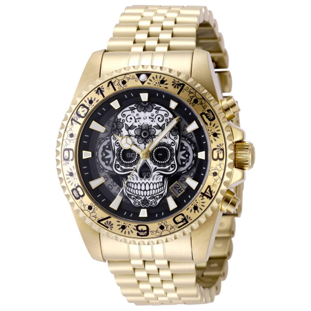 Mens Invicta Pro Diver Black/Grey Skull Dial Quartz Watch - 48951