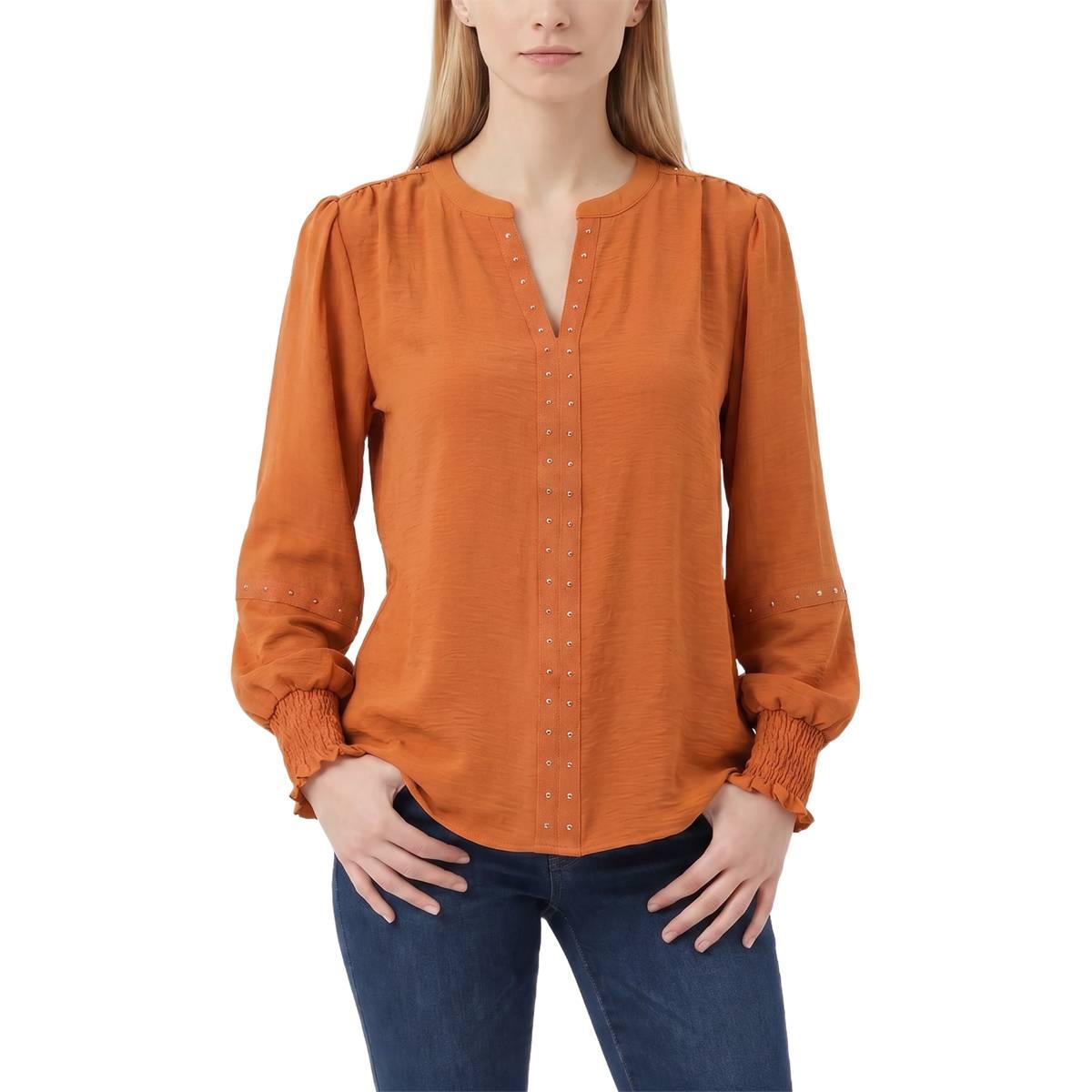 Petite NY Collection Long Smocked Sleeve Studded Detail Blouse