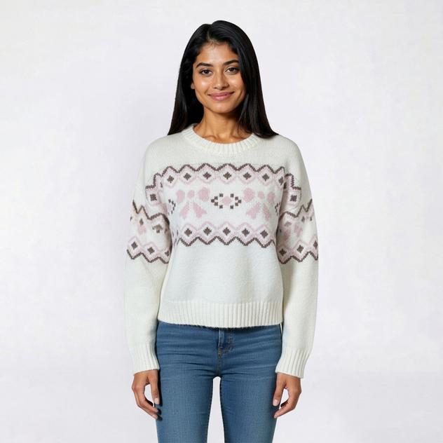 Juniors Pink Rose Chenille Fair Isle Bow Crew Neck Sweater
