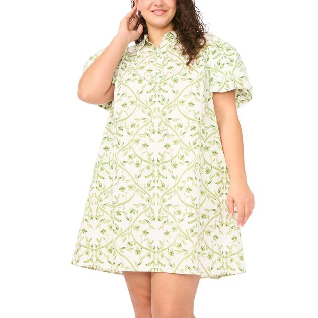 Plus Size MSK Short Puff Sleeve Leaf Cotton Poplin Shirtdress