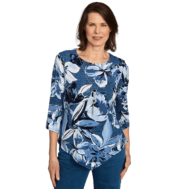 Petite Alfred Dunner Classics Denim Floral Blouse w/ Necklace