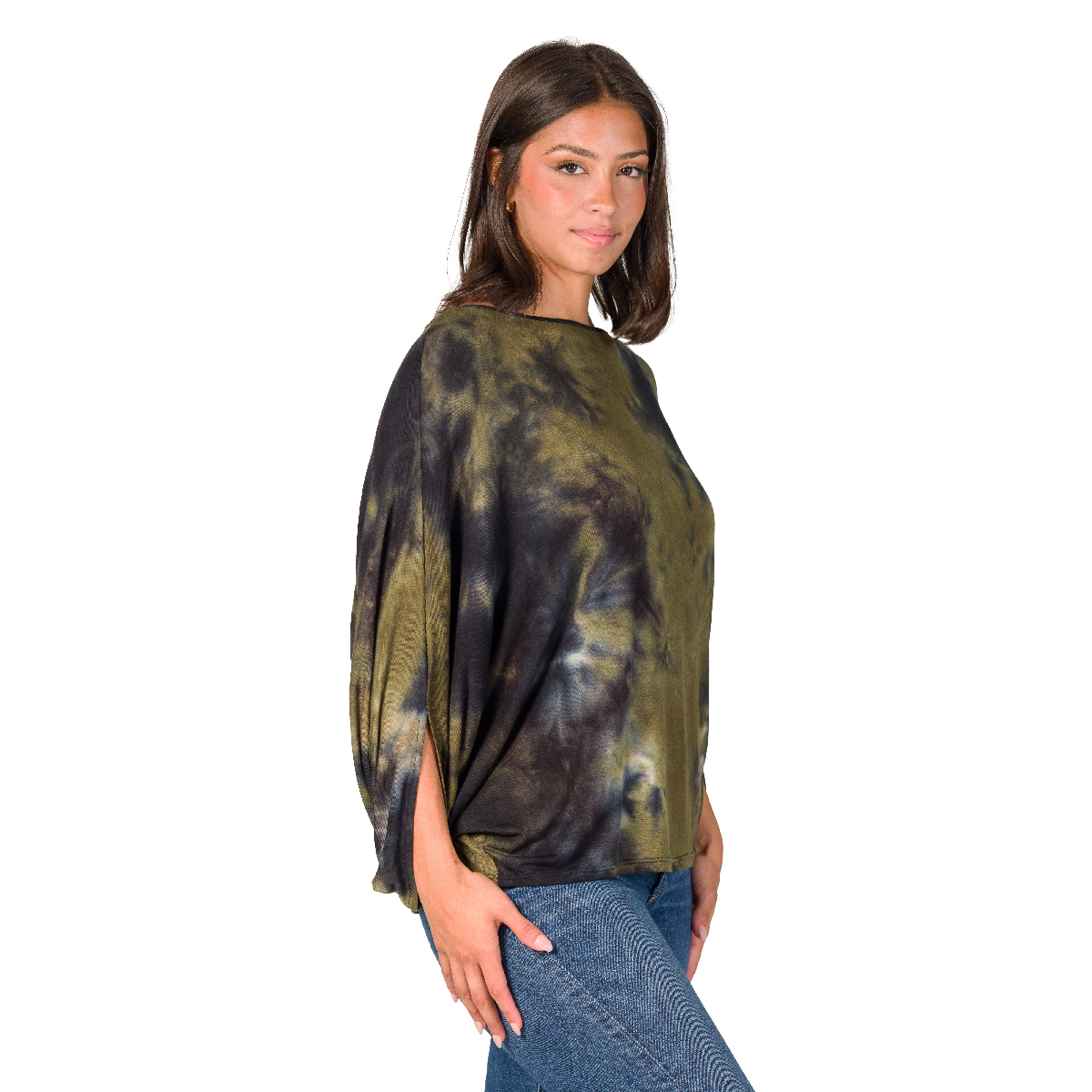 Womens 24/7 Comfort Apparel Green Tie Dye Batwing Sleeve Top