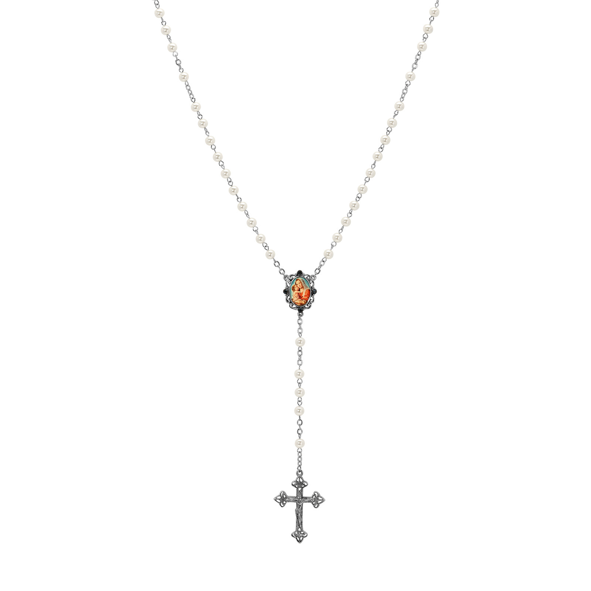 Symbols of Faith Silver Tone Crucifix Mary & Child Bead Rosary