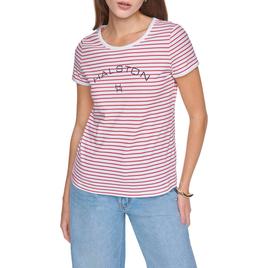 Womens Halston Short Sleeve Crew Neck Striped Logo T Shirt