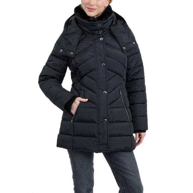 Petite London Fog Short Puffer Coat With Faux Fur Club Collar