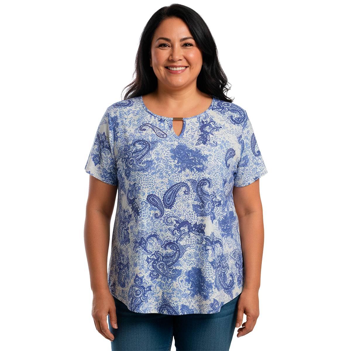 Plus Size Notations Short Sleeve Paisley Bar Keyhole Blouse