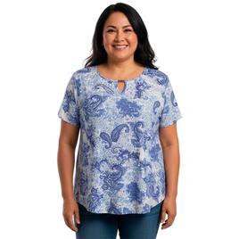 Plus Size Notations Short Sleeve Paisley Bar Keyhole Blouse