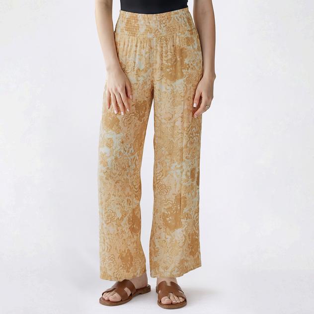 Juniors Pink Rose Gauze Floral Smock Waist Wide Leg Pants- Cream