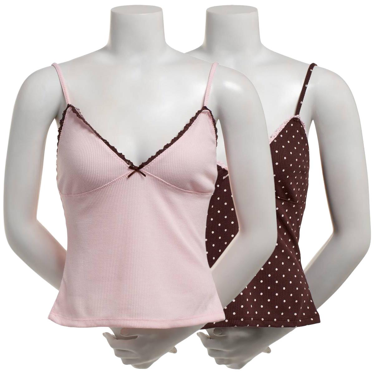 Juniors Pink Rose 2pk. Thermal V-Neck Babydoll Camisoles- Brown