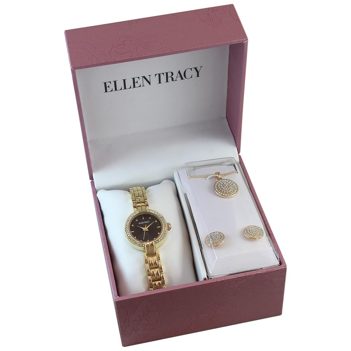 Womens Ellen Tracy Pave Crystal Watch Pendant & Earring Set