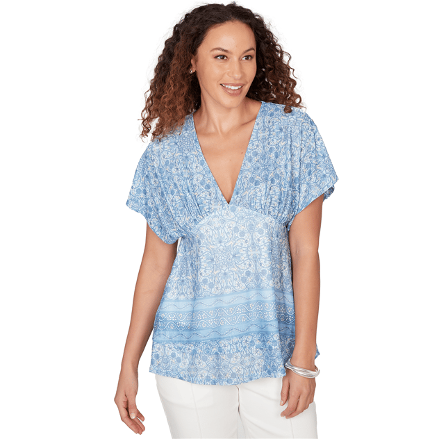 Womens Skye’s the Limit Sunny Blue Skies V Neck Layered Blouse