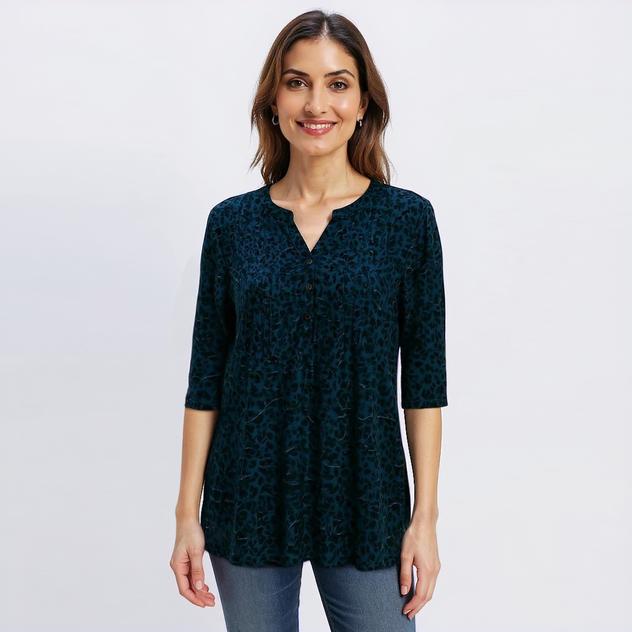 Womens Napa Valley 3/4 Sleeve Small Leaf Pleat Henley Blouse