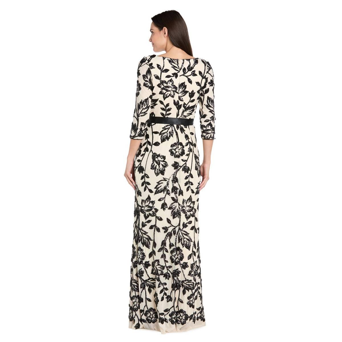 Womens R&M Richards 3/4 Sleeve Floral Sequin Evening Gown