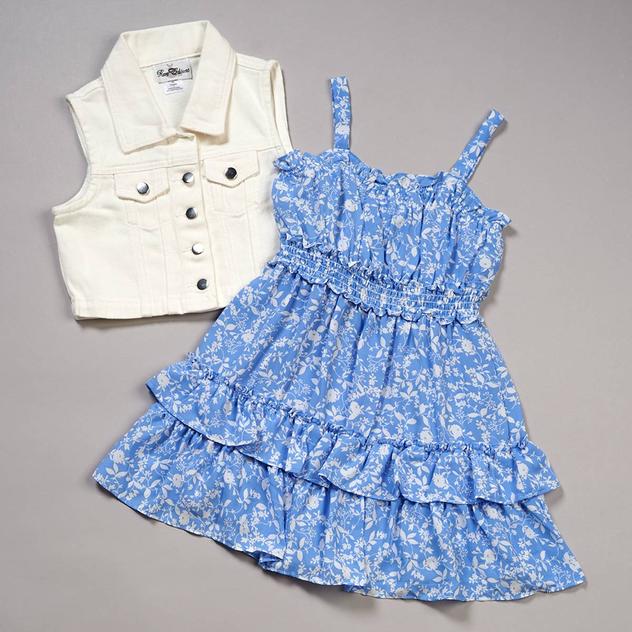 Girls (7-16) Rare Editions 2pc. Floral Dress with Denim Vest Set