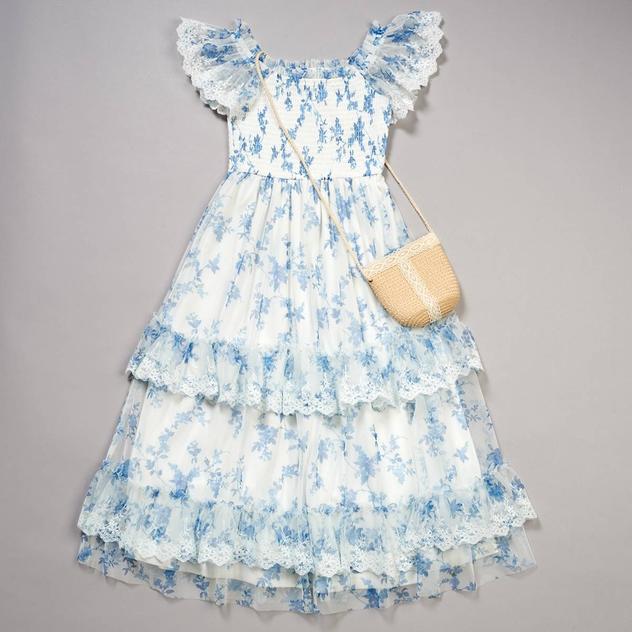 Girls (7-16) Rare Editions Puff Sleeve Mesh Floral Maxi Dress