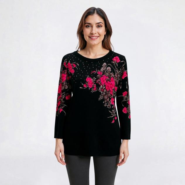 Petite Emily Daniels Asymmetric Rhinestone Yoke Sweater