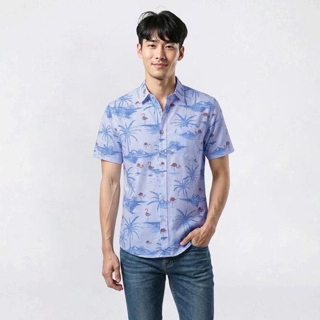 Young Mens VSTR Island Flamingos Stretch Button Down Shirt