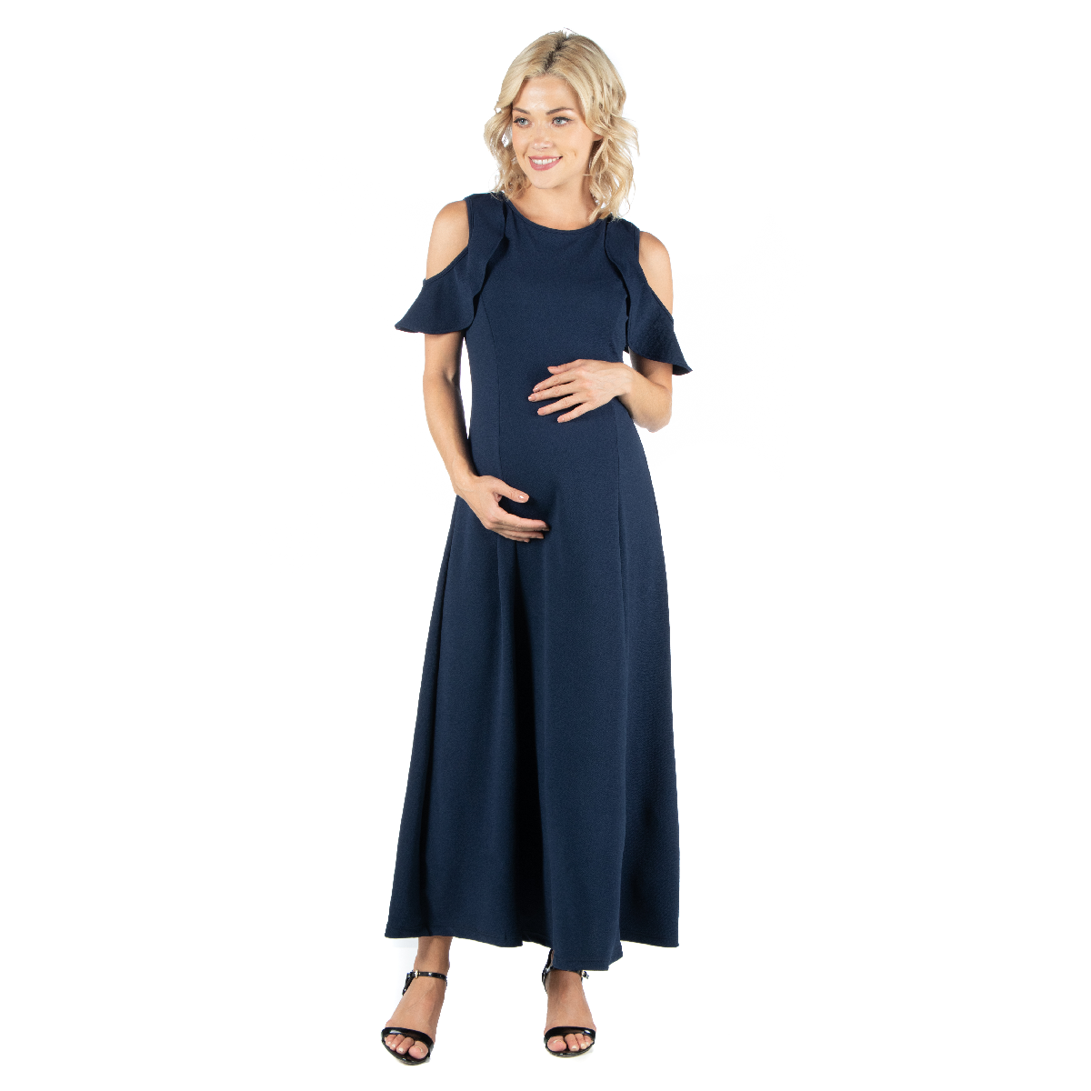Womens 24/7 Comfort Apparel Ruffle Cold Shoulder Maternity Maxi