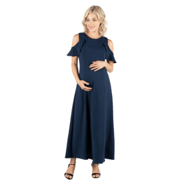 Womens 24/7 Comfort Apparel Ruffle Cold Shoulder Maternity Maxi