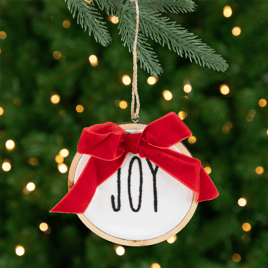 Northlight Embroidered Joy w/ Bow Wooden Disc Christmas Ornament