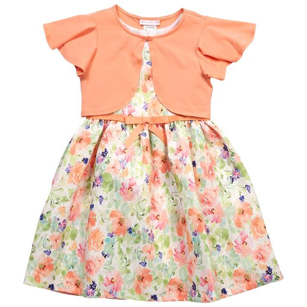 Girls (7-16) Bonnie Jean Floral Short Sleeve Dress W/Cardigan