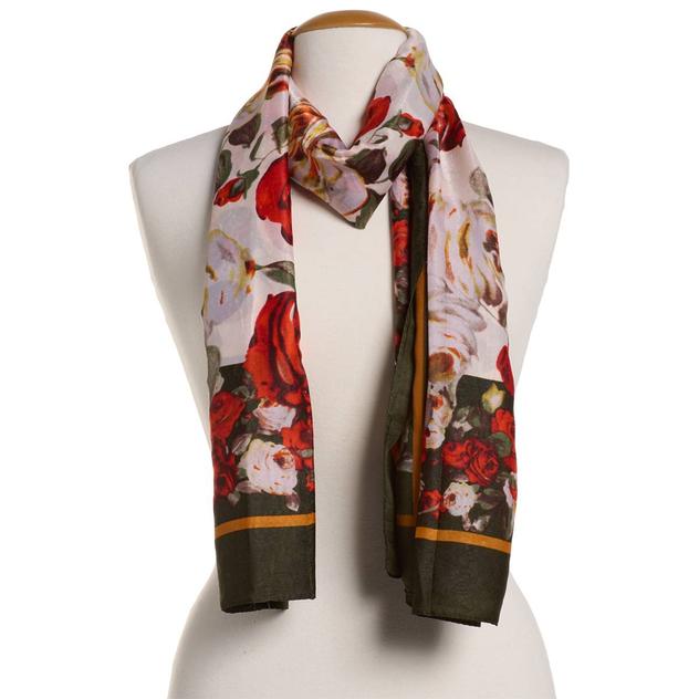Womens Renshun Large Roses with Border Oblong Silk Scarf