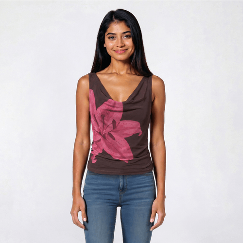 Juniors Pink Rose Mesh Floral Placement Drape Neck Tank Top