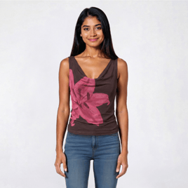 Juniors Pink Rose Mesh Floral Placement Drape Neck Tank Top
