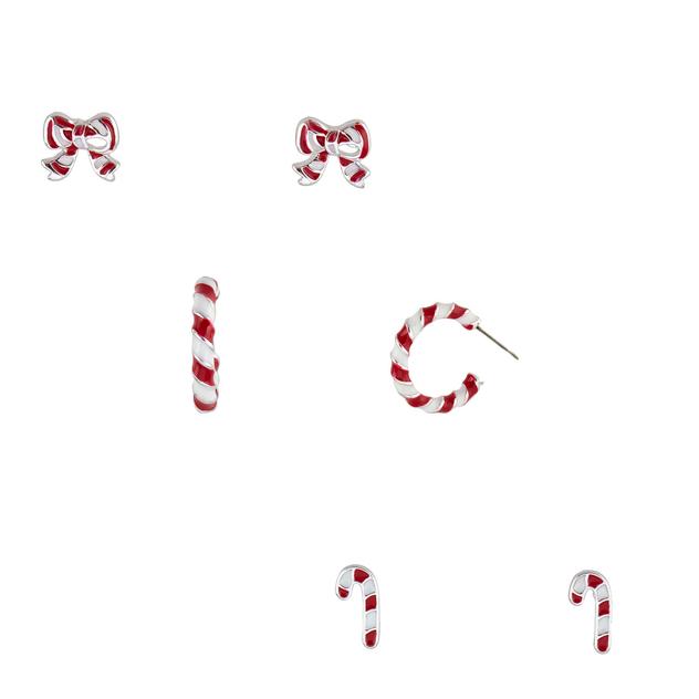 Silver-Tone 3pr. Bow/Candy Cane/ Stud & Hoop Earrings