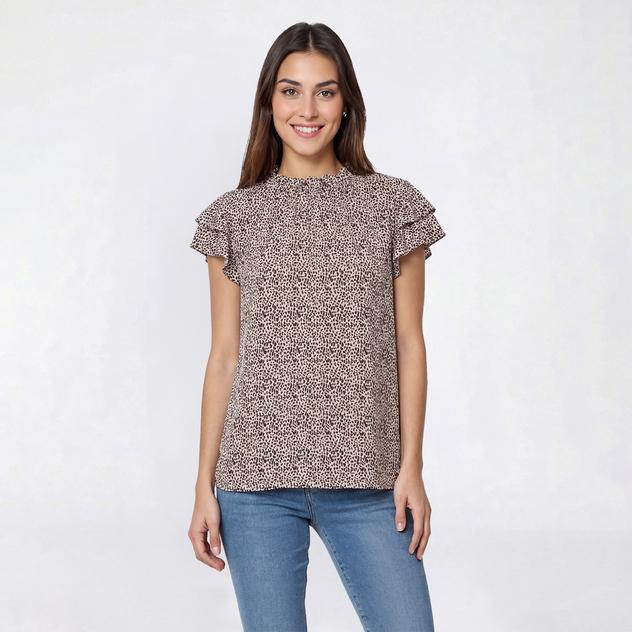 Womens Adrianna Papell Flutter Sleeve Ruffle Neck Cheetah Blouse
