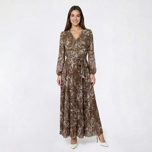 Womens Sandra Darren Long Sleeve Floral Pleated Maxi Dress