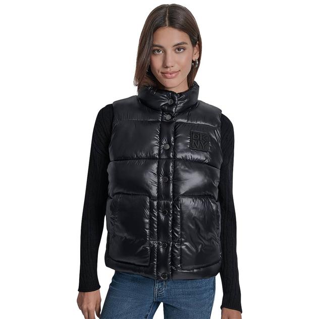 Womens DKNY Quilted Mock Neck Logo Puffer Vest