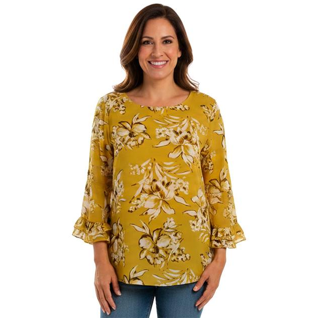 Plus Size Kasper 3/4 Ruffle Bell Sleeve Placed Floral Blouse