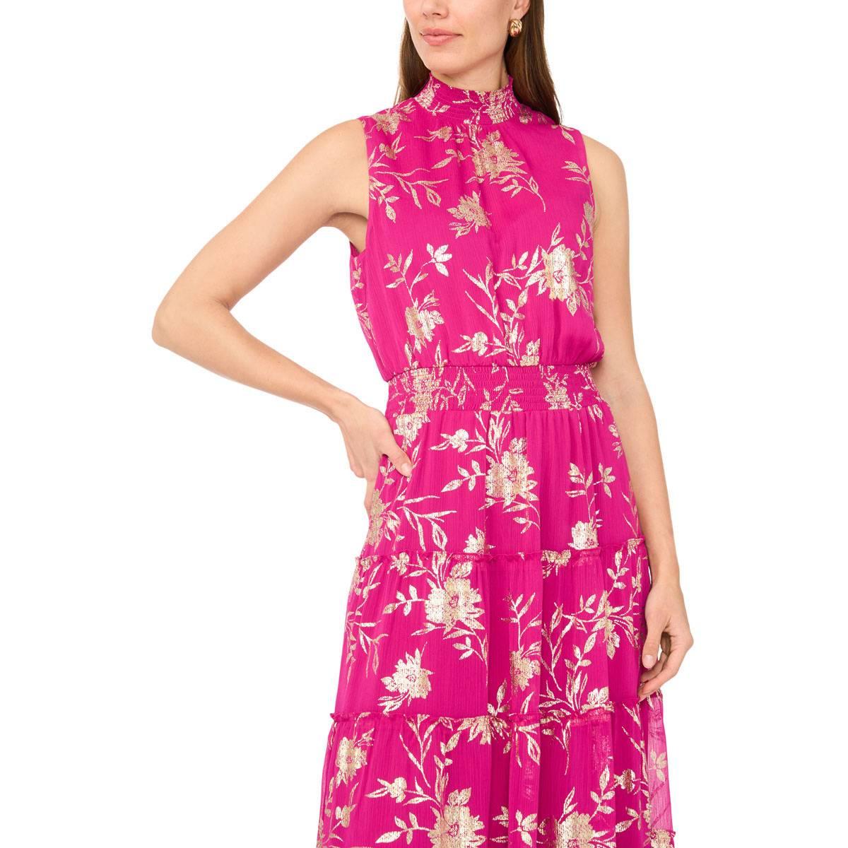 Womens MSK Sleeveless Mock Neck Foil Floral Tier Maxi Dress