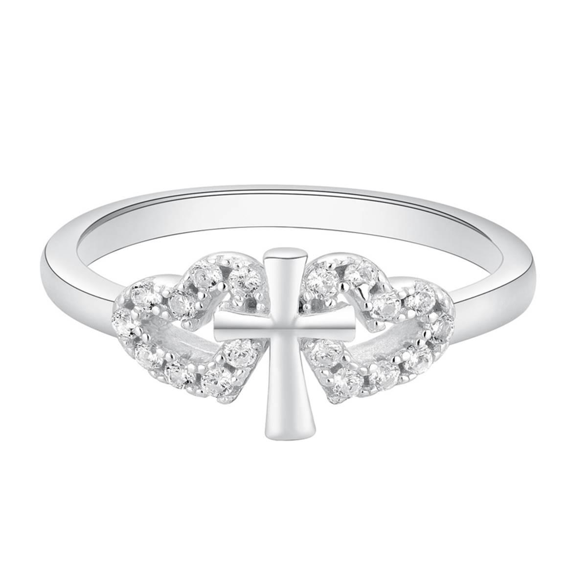 Sterling Silver Double CZ Heart & Cross Ring