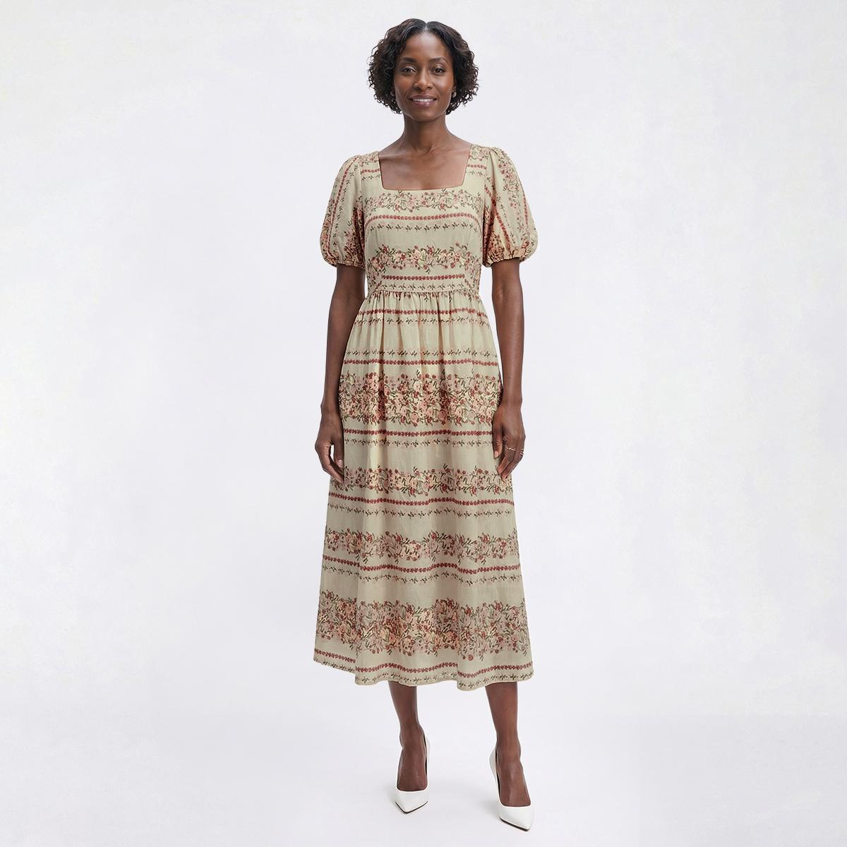 Womens Vivid Aura Puff Sleeve Square Neck Floral Midi Dress