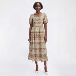 Womens Vivid Aura Puff Sleeve Square Neck Floral Midi Dress